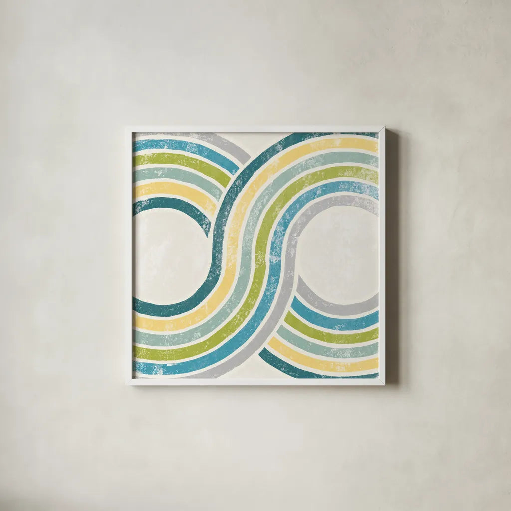 Over the Rainbow II Green by Moira Hershey. Shown in a crisp white glass frame for a clean and minimalist style. Available as an archival giclee rolled canvas, fine art paper, or poster print. SKU 72249a.