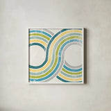 Over the Rainbow II Green by Moira Hershey. Shown in a crisp white glass frame for a clean and minimalist style. Available as an archival giclee rolled canvas, fine art paper, or poster print. SKU 72249a.