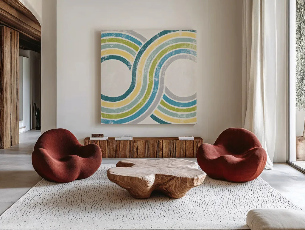 Over the Rainbow II Green by Moira Hershey. Shown as extra-large giant wall art in a modern living room. Available as an archival giclee rolled canvas, fine art paper, or poster print. SKU 72249a.