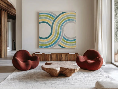 Over the Rainbow II Green by Moira Hershey. Shown as extra-large giant wall art in a modern living room. Available as an archival giclee rolled canvas, fine art paper, or poster print. SKU 72249a.