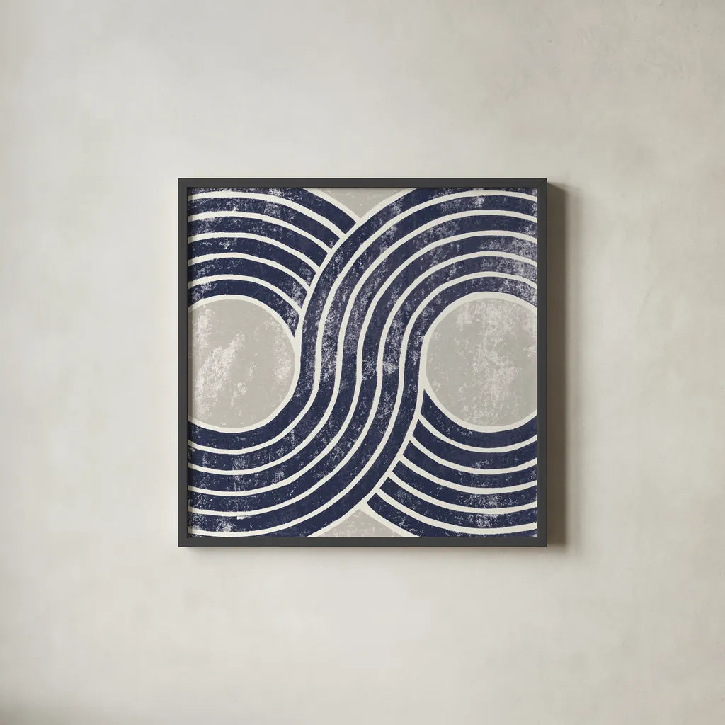 Over the Rainbow II Navy Gray by Moira Hershey. Shown in a sleek black glass frame for a contemporary gallery look. Available as an archival giclee rolled canvas, fine art paper, or poster print. SKU 56163a.