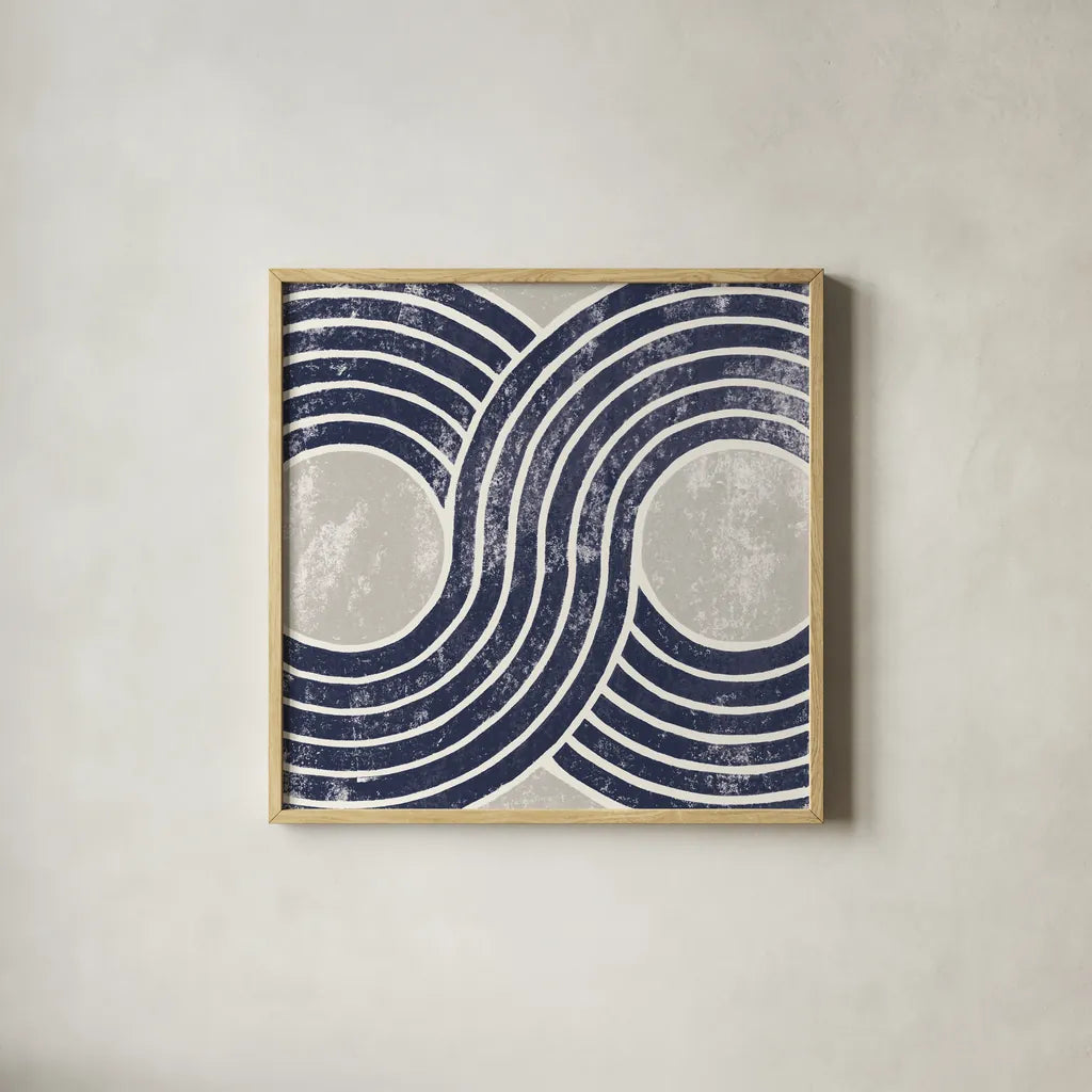 Over the Rainbow II Navy Gray by Moira Hershey. Shown in a natural wood glass frame for a timeless modern aesthetic. Available as an archival giclee rolled canvas, fine art paper, or poster print. SKU 56163a.