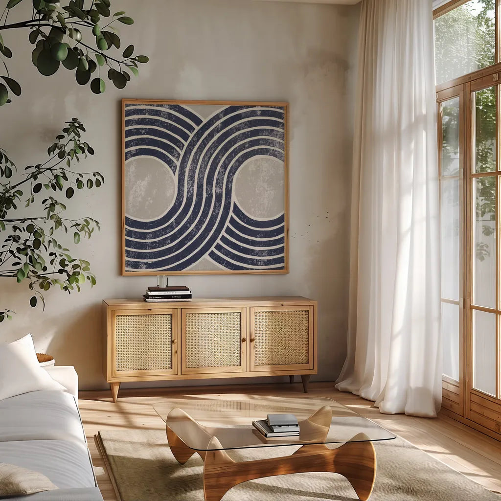 Over the Rainbow II Navy Gray by Moira Hershey. Shown in a natural wood frame in a cozy modern living room. Available as an archival giclee rolled canvas, fine art paper, or poster print. SKU 56163a.