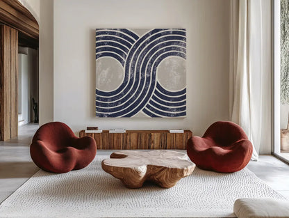 Over the Rainbow II Navy Gray by Moira Hershey. Shown as extra-large giant wall art in a modern living room. Available as an archival giclee rolled canvas, fine art paper, or poster print. SKU 56163a.
