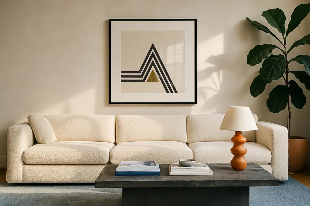 Path IV by Moira Hershey. Displayed in a glass frame with matte in a clean modern living room. Available as an archival giclee rolled canvas, fine art paper, or poster print. SKU 82822a.