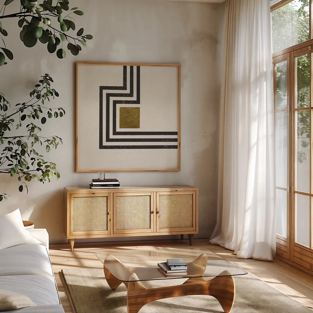 Path IV by Moira Hershey. Shown in a natural wood frame in a cozy modern living room. Available as an archival giclee rolled canvas, fine art paper, or poster print. SKU 83584a.