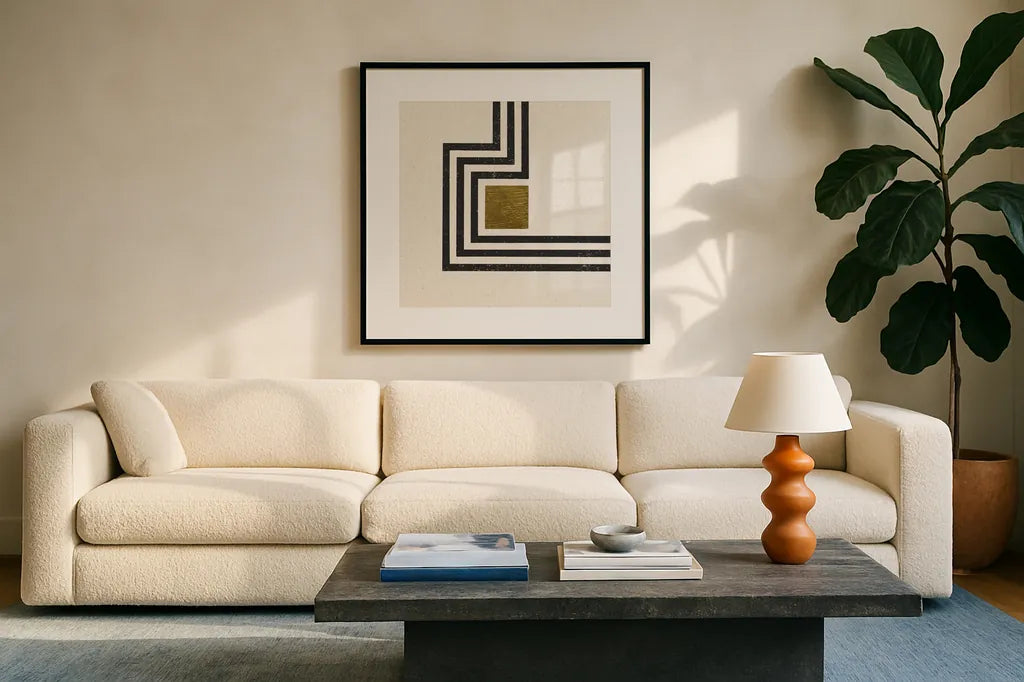 Path IV by Moira Hershey. Displayed in a glass frame with matte in a clean modern living room. Available as an archival giclee rolled canvas, fine art paper, or poster print. SKU 83584a.