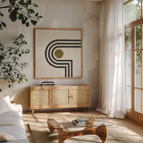 Path IV by Moira Hershey. Shown in a natural wood frame in a cozy modern living room. Available as an archival giclee rolled canvas, fine art paper, or poster print. SKU 83585a.