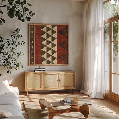 Patterns of the Savanna I by Moira Hershey. Shown in a natural wood frame in a cozy modern living room. Available as an archival giclee rolled canvas, fine art paper, or poster print. SKU 10054a.