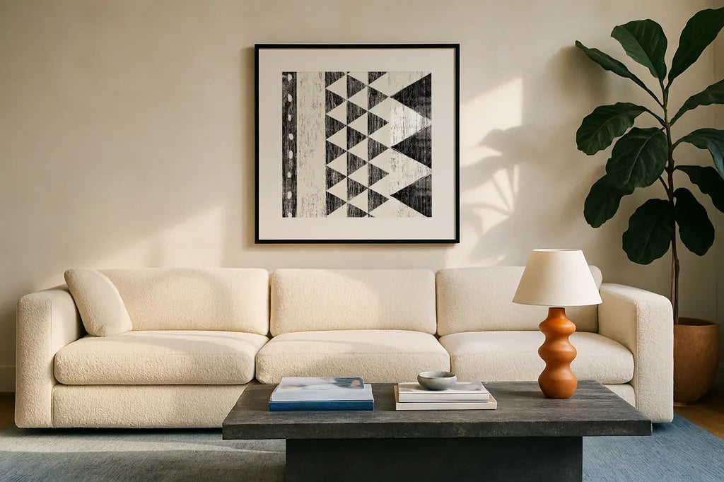 Patterns of the Savanna I No Gray BW by Moira Hershey. Displayed in a glass frame with matte in a clean modern living room. Available as an archival giclee rolled canvas, fine art paper, or poster print. SKU 32124a.