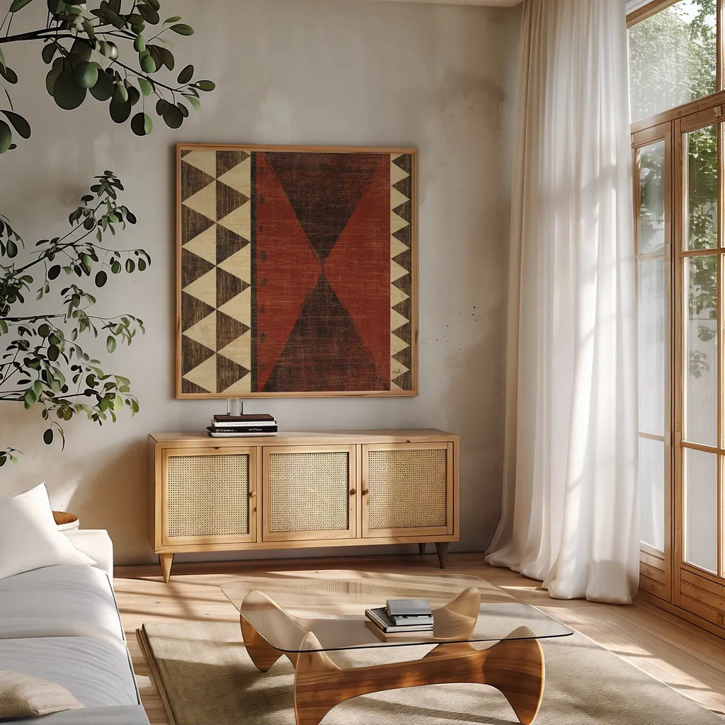 Patterns of the Savanna II by Moira Hershey. Shown in a natural wood frame in a cozy modern living room. Available as an archival giclee rolled canvas, fine art paper, or poster print. SKU 10055a.