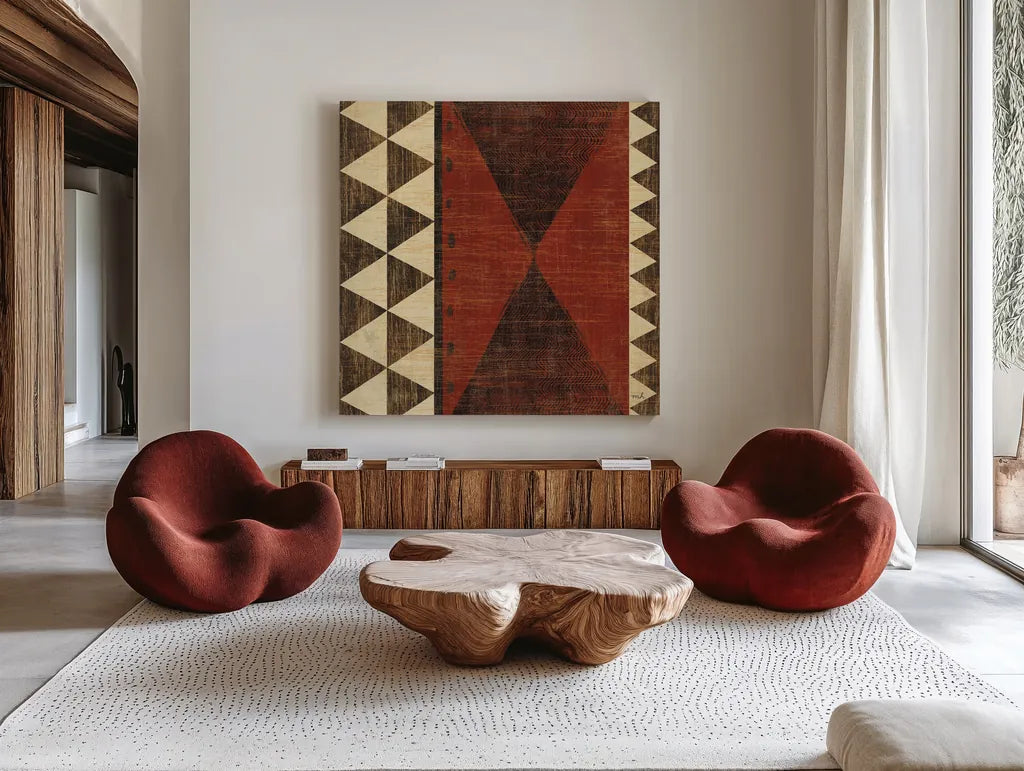 Patterns of the Savanna II by Moira Hershey. Shown as extra-large giant wall art in a modern living room. Available as an archival giclee rolled canvas, fine art paper, or poster print. SKU 10055a.
