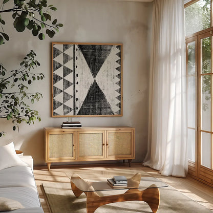 Patterns of the Savanna II No Gray BW by Moira Hershey. Shown in a natural wood frame in a cozy modern living room. Available as an archival giclee rolled canvas, fine art paper, or poster print. SKU 32125a.