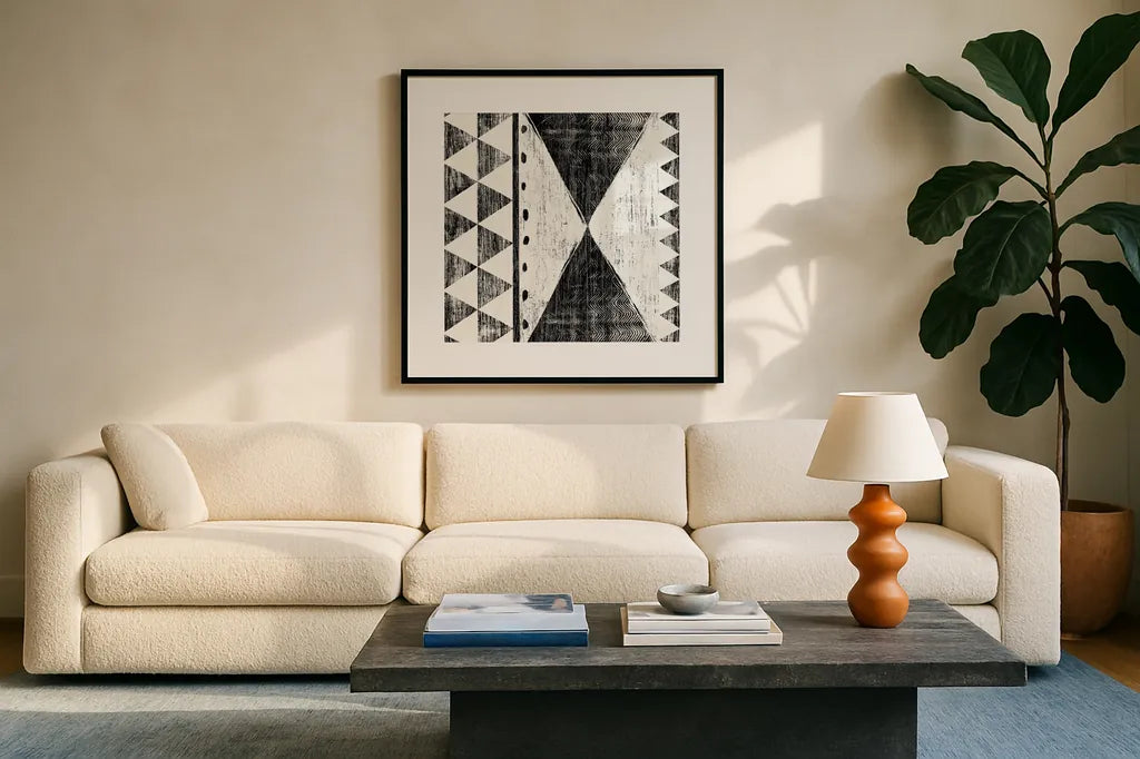 Patterns of the Savanna II No Gray BW by Moira Hershey. Displayed in a glass frame with matte in a clean modern living room. Available as an archival giclee rolled canvas, fine art paper, or poster print. SKU 32125a.