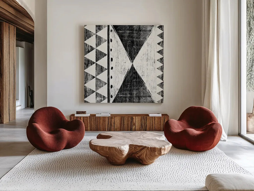 Patterns of the Savanna II No Gray BW by Moira Hershey. Shown as extra-large giant wall art in a modern living room. Available as an archival giclee rolled canvas, fine art paper, or poster print. SKU 32125a.