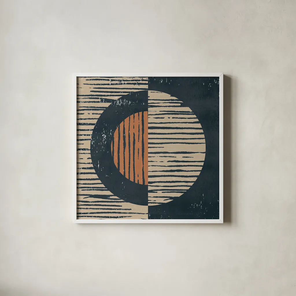 Primitive I by Moira Hershey. Shown in a crisp white glass frame for a clean and minimalist style. Available as an archival giclee rolled canvas, fine art paper, or poster print. SKU 55290a.