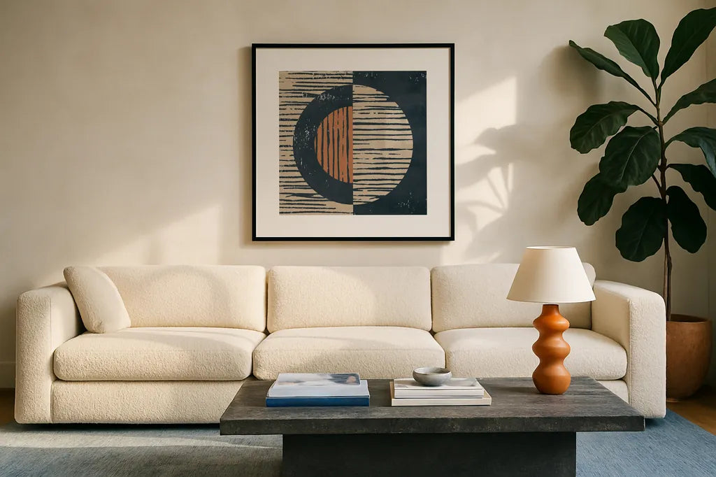 Primitive I by Moira Hershey. Displayed in a glass frame with matte in a clean modern living room. Available as an archival giclee rolled canvas, fine art paper, or poster print. SKU 55290a.
