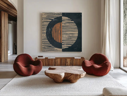 Primitive I by Moira Hershey. Shown as extra-large giant wall art in a modern living room. Available as an archival giclee rolled canvas, fine art paper, or poster print. SKU 55290a.