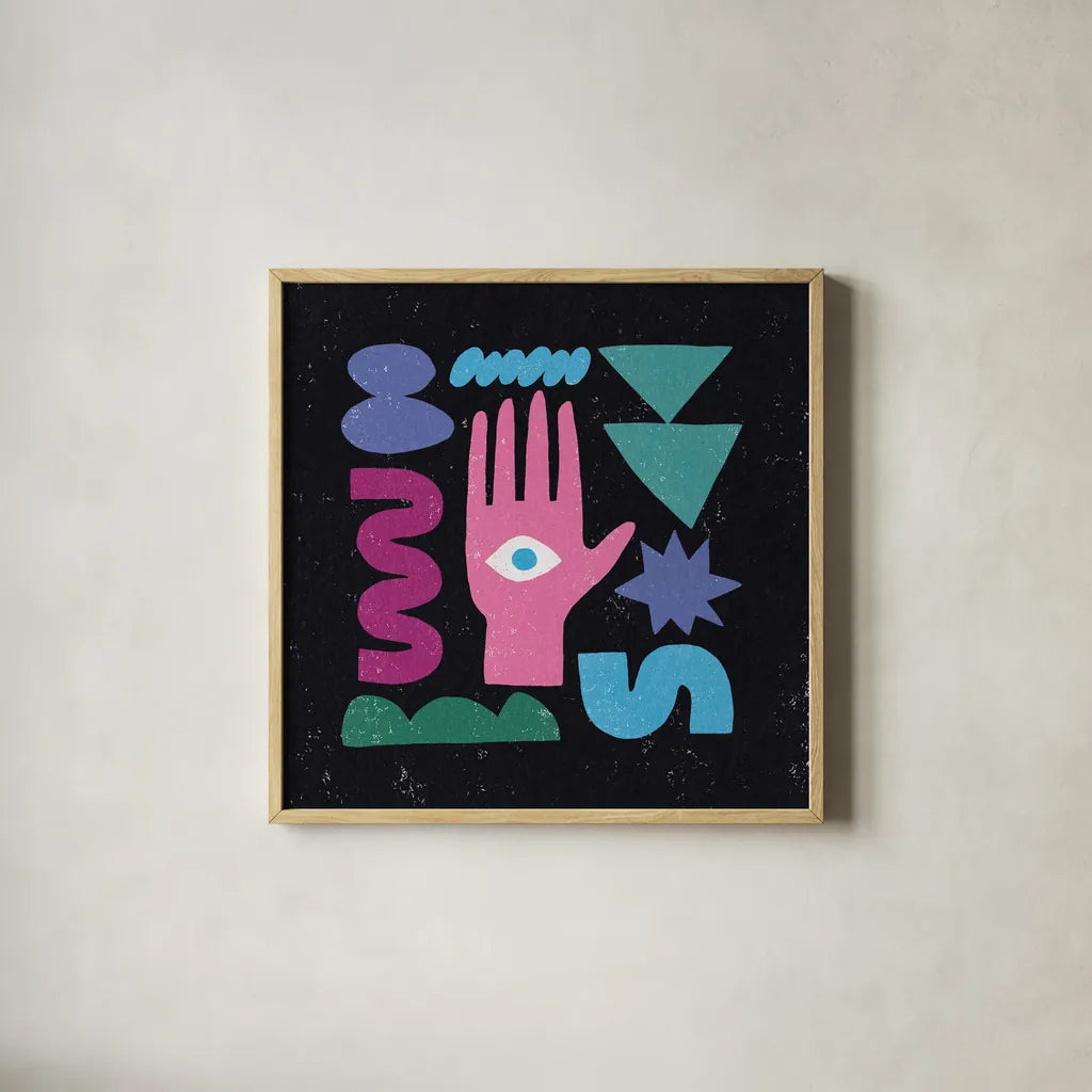 Primitive I by Moira Hershey. Shown in a natural wood glass frame for a timeless modern aesthetic. Available as an archival giclee rolled canvas, fine art paper, or poster print. SKU 83568a.