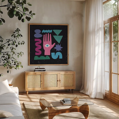 Primitive I by Moira Hershey. Shown in a natural wood frame in a cozy modern living room. Available as an archival giclee rolled canvas, fine art paper, or poster print. SKU 83568a.