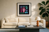 Primitive I by Moira Hershey. Displayed in a glass frame with matte in a clean modern living room. Available as an archival giclee rolled canvas, fine art paper, or poster print. SKU 83568a.