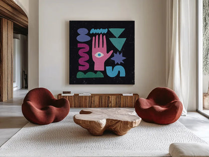 Primitive I by Moira Hershey. Shown as extra-large giant wall art in a modern living room. Available as an archival giclee rolled canvas, fine art paper, or poster print. SKU 83568a.
