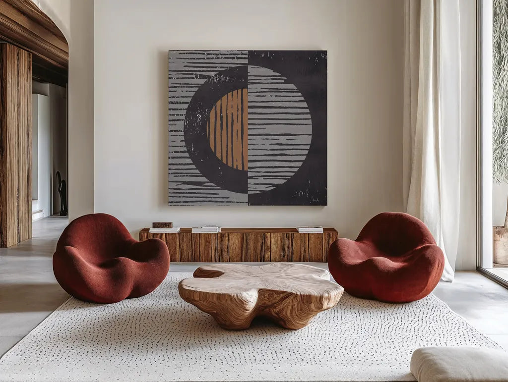 Primitive I Gray by Moira Hershey. Shown as extra-large giant wall art in a modern living room. Available as an archival giclee rolled canvas, fine art paper, or poster print. SKU 66743a.