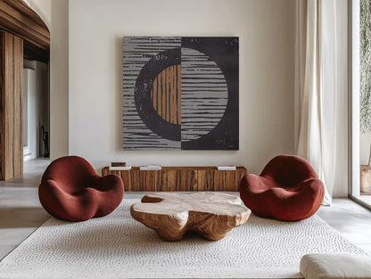 Primitive I Gray by Moira Hershey. Shown as extra-large giant wall art in a modern living room. Available as an archival giclee rolled canvas, fine art paper, or poster print. SKU 66743a.