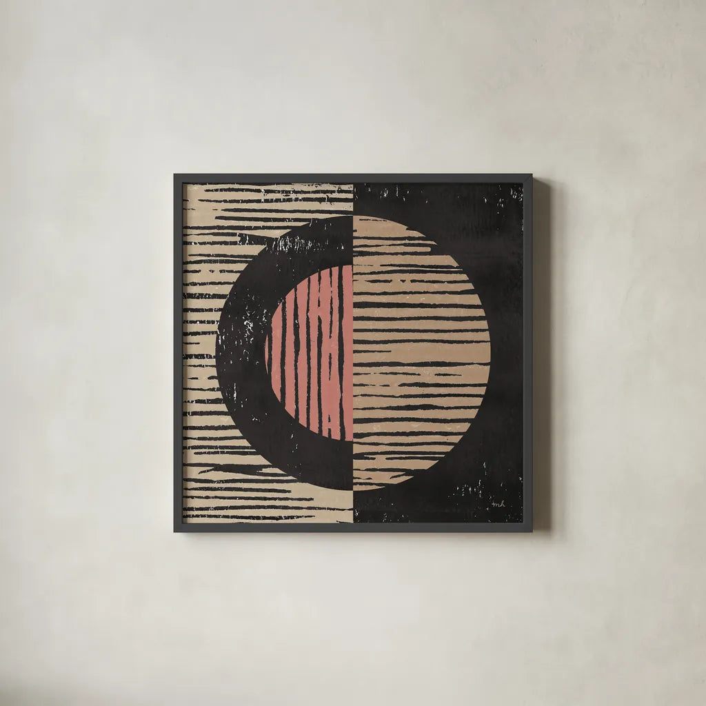 Primitive I Terra Cotta by Moira Hershey. Shown in a sleek black glass frame for a contemporary gallery look. Available as an archival giclee rolled canvas, fine art paper, or poster print. SKU 59456a.
