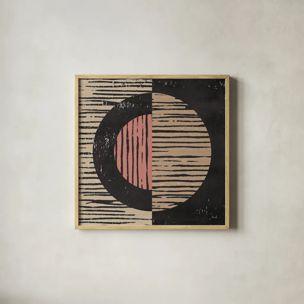 Primitive I Terra Cotta by Moira Hershey. Shown in a natural wood glass frame for a timeless modern aesthetic. Available as an archival giclee rolled canvas, fine art paper, or poster print. SKU 59456a.