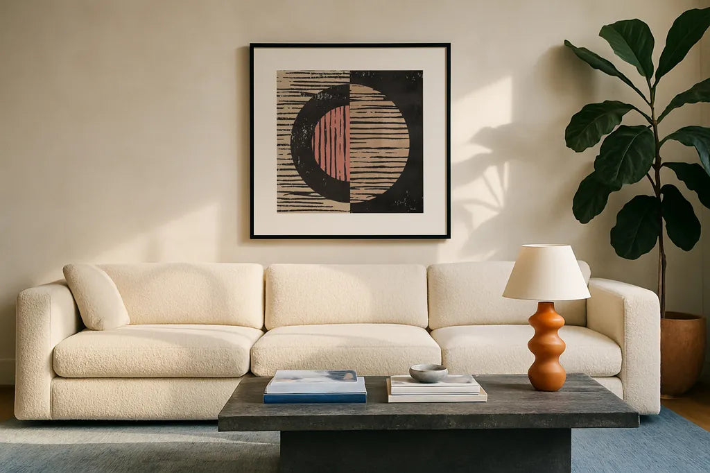 Primitive I Terra Cotta by Moira Hershey. Displayed in a glass frame with matte in a clean modern living room. Available as an archival giclee rolled canvas, fine art paper, or poster print. SKU 59456a.
