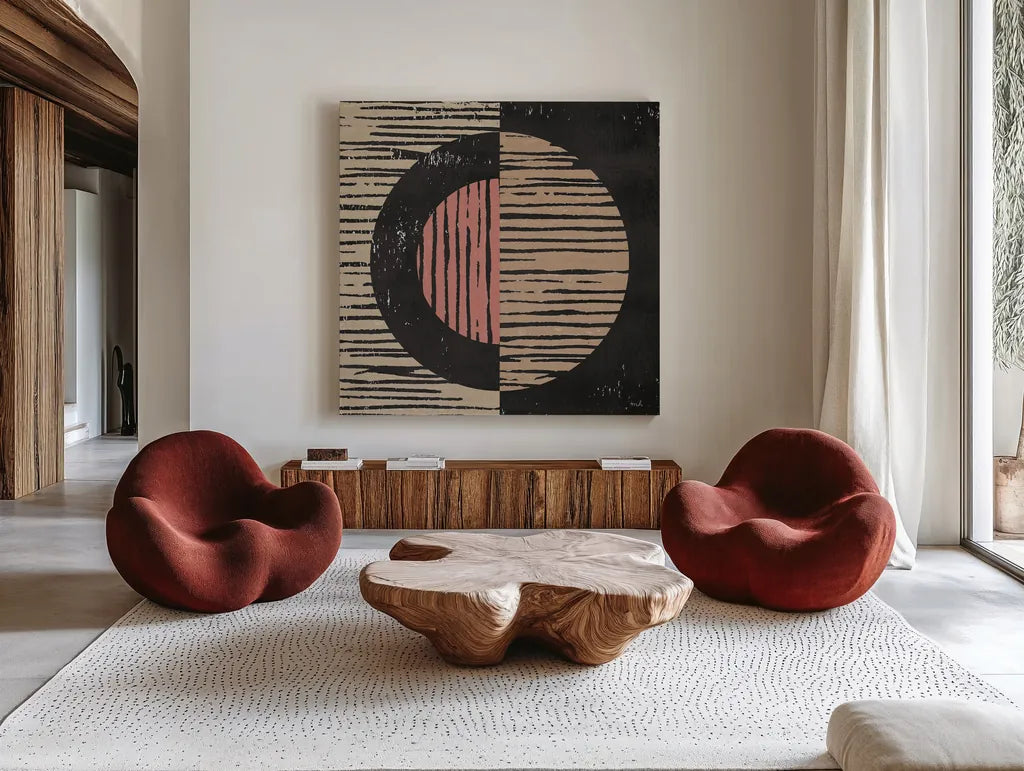 Primitive I Terra Cotta by Moira Hershey. Shown as extra-large giant wall art in a modern living room. Available as an archival giclee rolled canvas, fine art paper, or poster print. SKU 59456a.