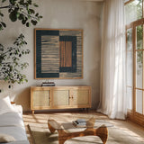 Primitive II by Moira Hershey. Shown in a natural wood frame in a cozy modern living room. Available as an archival giclee rolled canvas, fine art paper, or poster print. SKU 55291a.