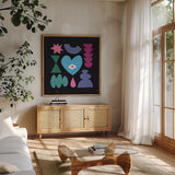 Primitive II by Moira Hershey. Shown in a natural wood frame in a cozy modern living room. Available as an archival giclee rolled canvas, fine art paper, or poster print. SKU 83569a.