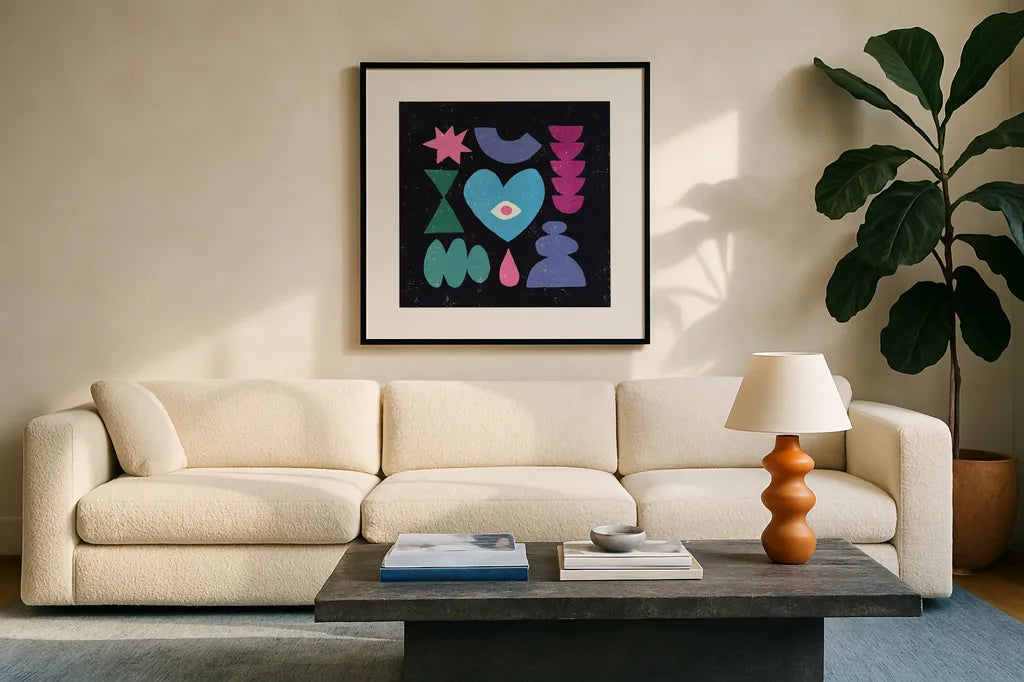 Primitive II by Moira Hershey. Displayed in a glass frame with matte in a clean modern living room. Available as an archival giclee rolled canvas, fine art paper, or poster print. SKU 83569a.