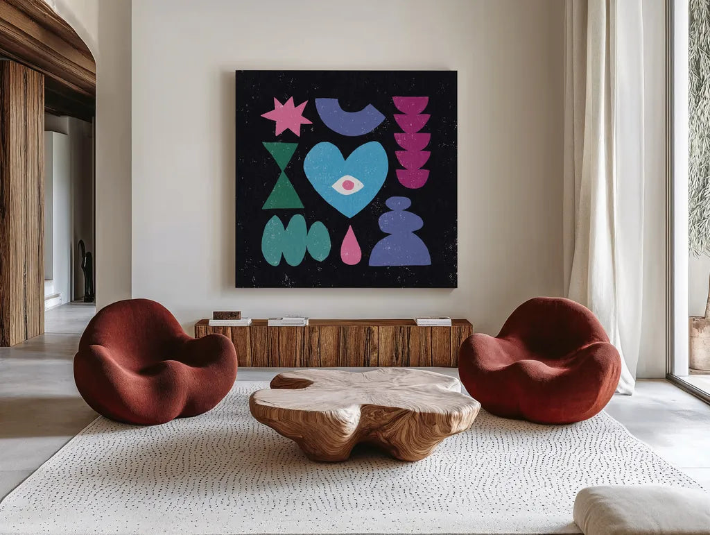 Primitive II by Moira Hershey. Shown as extra-large giant wall art in a modern living room. Available as an archival giclee rolled canvas, fine art paper, or poster print. SKU 83569a.