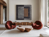 Primitive II Gray by Moira Hershey. Shown as extra-large giant wall art in a modern living room. Available as an archival giclee rolled canvas, fine art paper, or poster print. SKU 66744a.