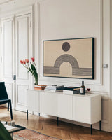 Rainbow Bridge by Moira Hershey. shown as a framed stretched canvas in a living room above a console. Available as a archival giclee rolled canvas, fine art paper, or poster print. SKU 56294i.