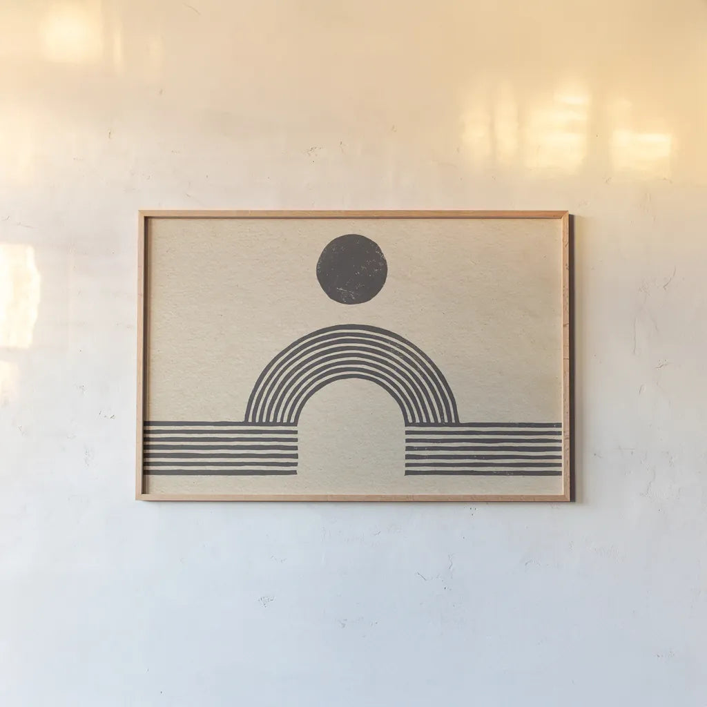 Rainbow Bridge by Moira Hershey. shown as a paper print in a natural frame. Available as a archival giclee rolled canvas, fine art paper, or poster print. SKU 56294i.