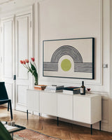 Rainbow Bridge II by Moira Hershey. shown as a framed stretched canvas in a living room above a console. Available as a archival giclee rolled canvas, fine art paper, or poster print. SKU 72247i.