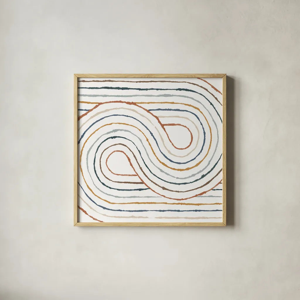 Rainbow Road I by Moira Hershey. Shown in a natural wood glass frame for a timeless modern aesthetic. Available as an archival giclee rolled canvas, fine art paper, or poster print. SKU 55551a.