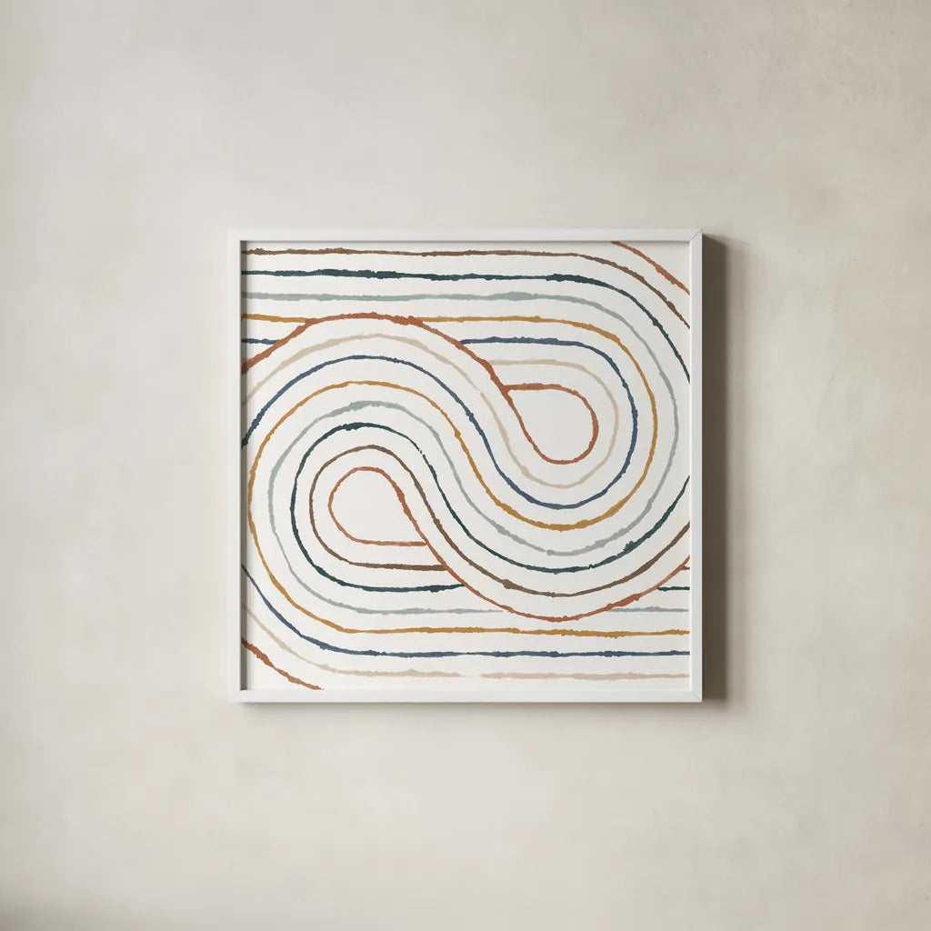 Rainbow Road I by Moira Hershey. Shown in a crisp white glass frame for a clean and minimalist style. Available as an archival giclee rolled canvas, fine art paper, or poster print. SKU 55551a.