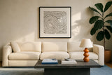 Rainbow Road I BW by Moira Hershey. Displayed in a glass frame with matte in a clean modern living room. Available as an archival giclee rolled canvas, fine art paper, or poster print. SKU 56577a.