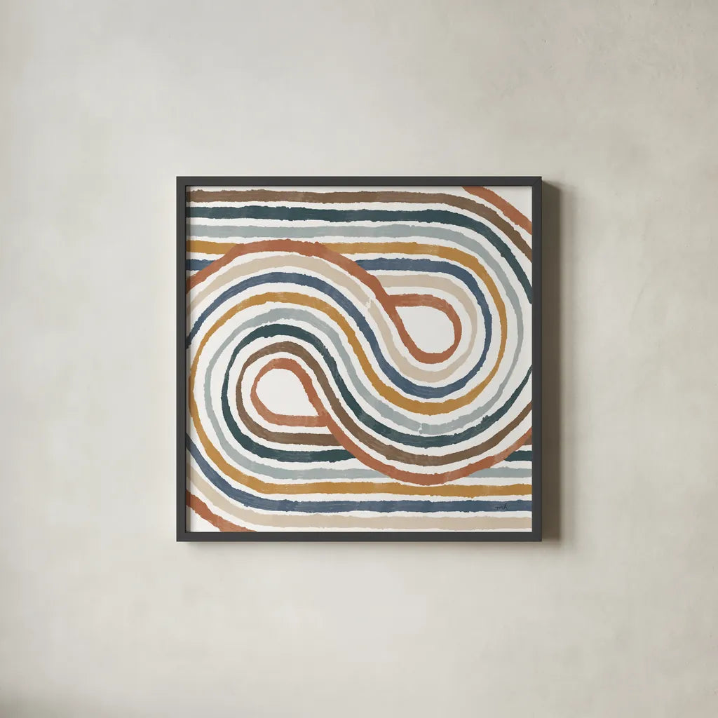 Rainbow Road I Thick Lines by Moira Hershey. Shown in a sleek black glass frame for a contemporary gallery look. Available as an archival giclee rolled canvas, fine art paper, or poster print. SKU 57810a.