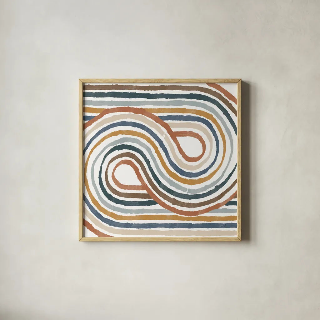 Rainbow Road I Thick Lines by Moira Hershey. Shown in a natural wood glass frame for a timeless modern aesthetic. Available as an archival giclee rolled canvas, fine art paper, or poster print. SKU 57810a.