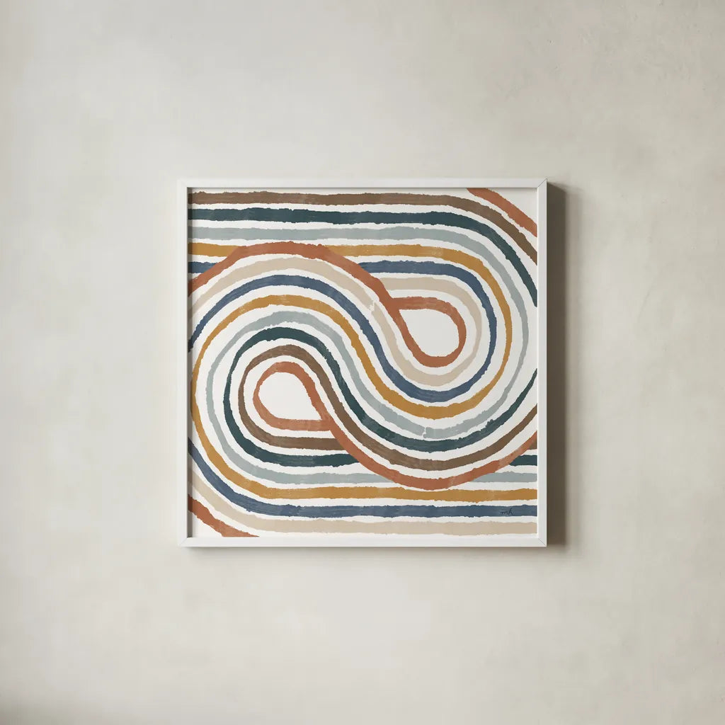 Rainbow Road I Thick Lines by Moira Hershey. Shown in a crisp white glass frame for a clean and minimalist style. Available as an archival giclee rolled canvas, fine art paper, or poster print. SKU 57810a.