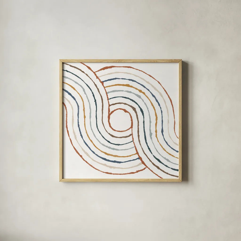 Rainbow Road II by Moira Hershey. Shown in a natural wood glass frame for a timeless modern aesthetic. Available as an archival giclee rolled canvas, fine art paper, or poster print. SKU 55552a.