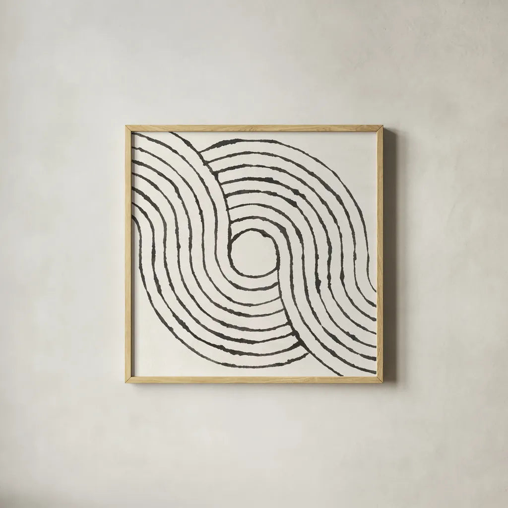 Rainbow Road II BW by Moira Hershey. Shown in a natural wood glass frame for a timeless modern aesthetic. Available as an archival giclee rolled canvas, fine art paper, or poster print. SKU 56578a.