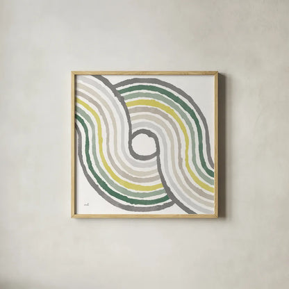 Rainbow Road II Bold Cabana by Moira Hershey. Shown in a natural wood glass frame for a timeless modern aesthetic. Available as an archival giclee rolled canvas, fine art paper, or poster print. SKU 68249a.