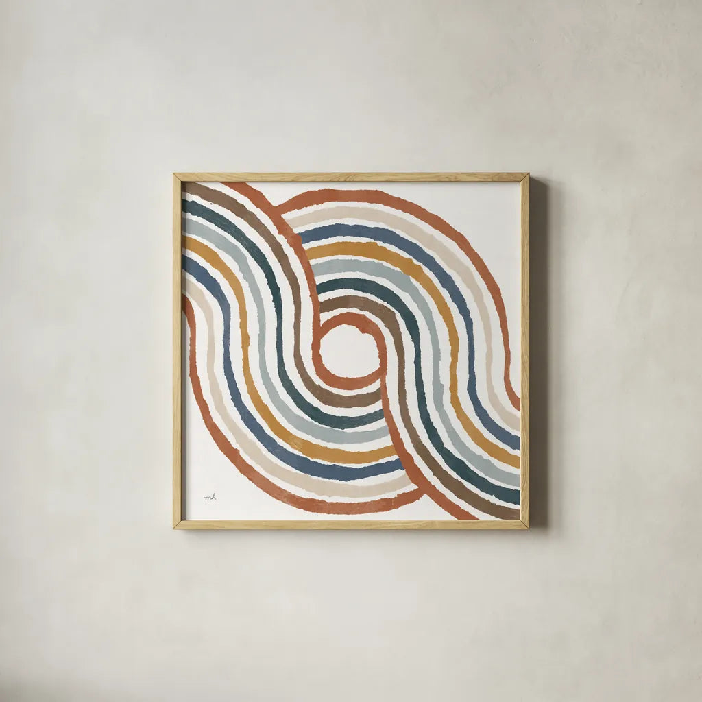 Rainbow Road II Thick Lines by Moira Hershey. Shown in a natural wood glass frame for a timeless modern aesthetic. Available as an archival giclee rolled canvas, fine art paper, or poster print. SKU 57811a.